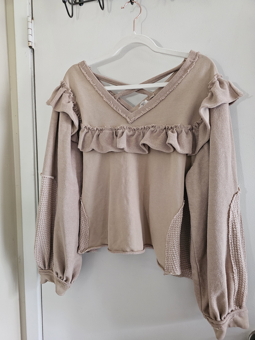 POL Crisscross Ruffle V-Neck Sweater Top - Taupe - Picture 2 of 6